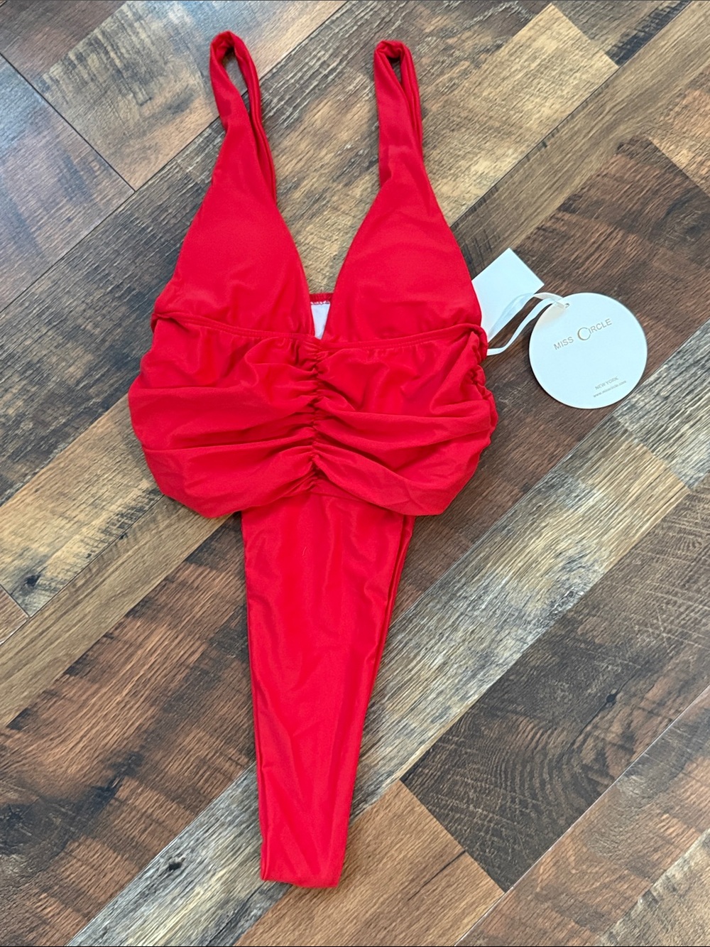 NWT Miss Circle Red Ruched Plunge Halter One Piece Swimsuit Size Small